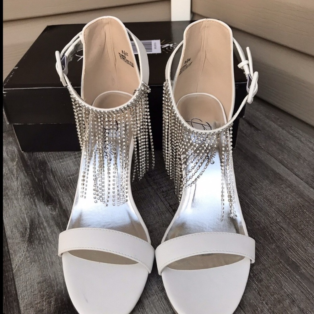 White Rhinestone Fringe Open-Toe Heels - Picture 3 of 3